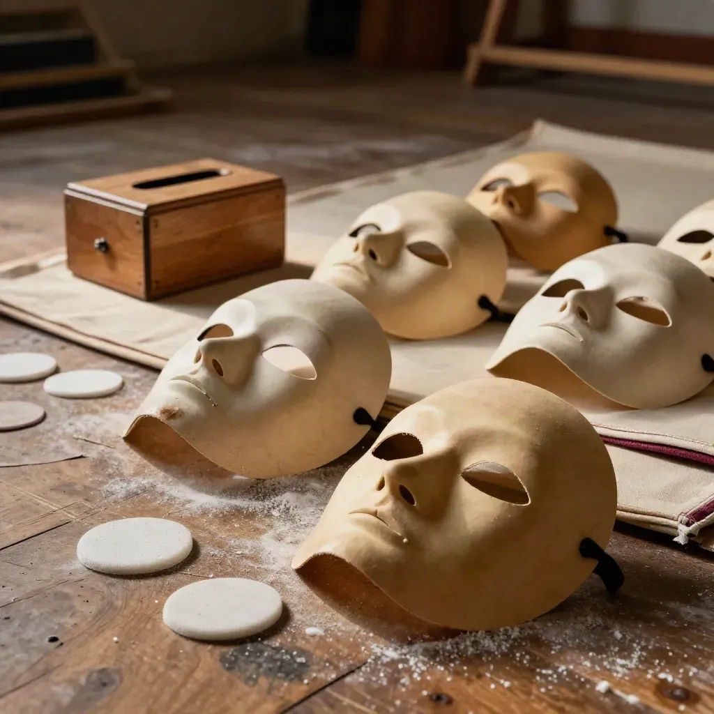 Theaterworkshopprops op een zonnige studiovloer met maskers, schuimcirkels en klankblok.