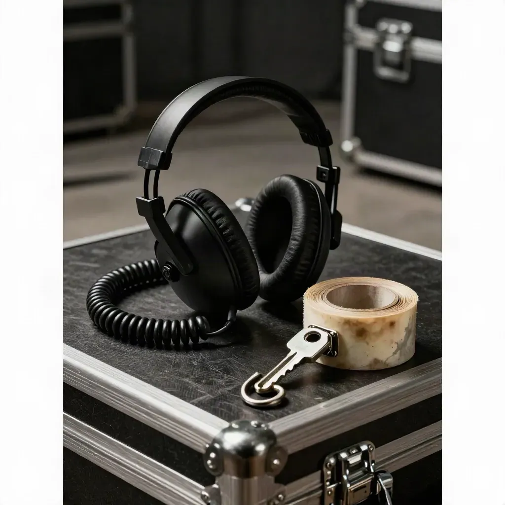 Productieheadset, spike tape en kabel naast een metalen kofferlatch in backstage haze.
