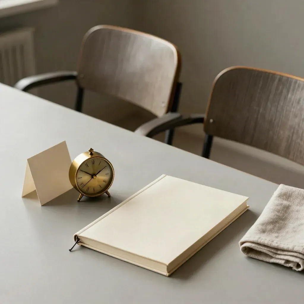 Twee theaterstoelen, een bronzen klok en een gesloten notitieboek op een lichte houten tafel.