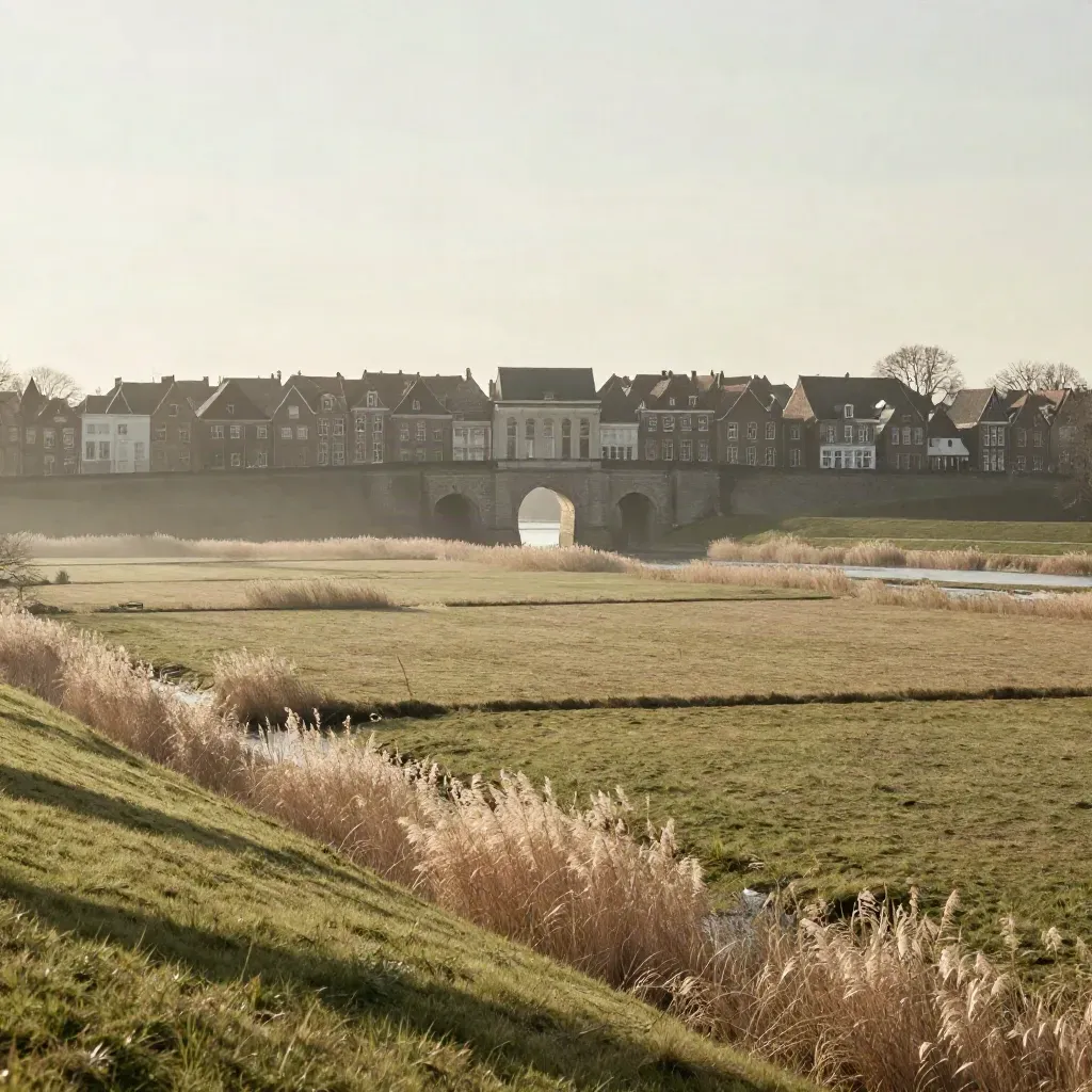 Koppelpoort boven een mistig Eemland, met rustig grasland en zachte nevel.